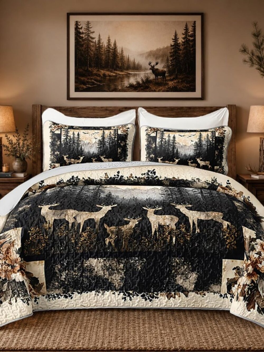 King Forest Deer Floral Quilt,Plaid Bedspread with 2 Pillowcases.